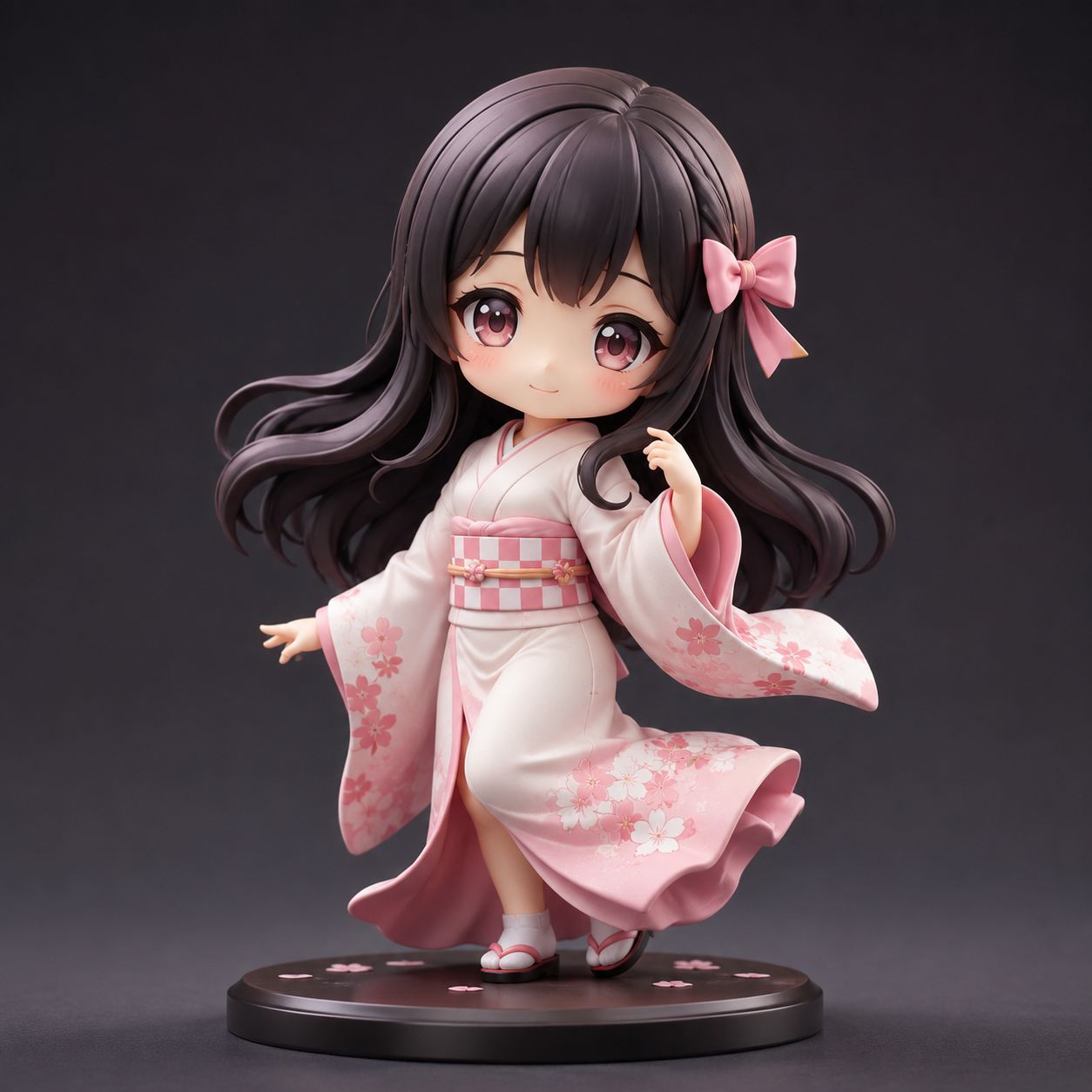 Miniatura 3D chibi de personagem em kimono rosa